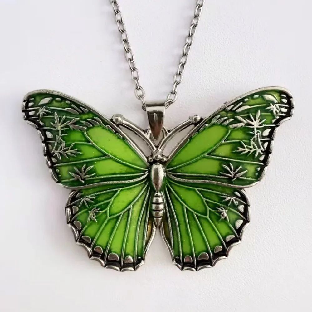 NWT Victorian Green Glitter Butterfly Pendant Necklace Boho Y2K Gothic